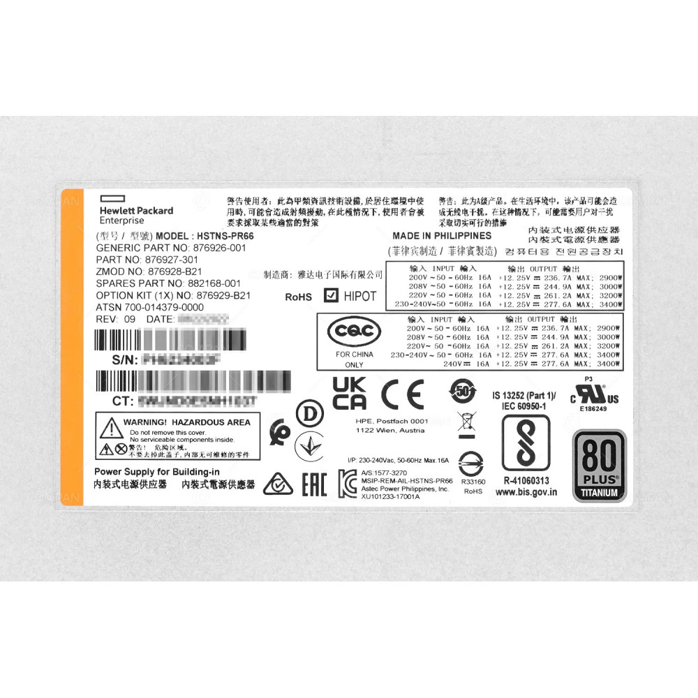 882168-001 HP HSTNS-PR66 3400W 80+ TITANIUM POWER SUPPLY FOR SYNERGY 12000 FRAME